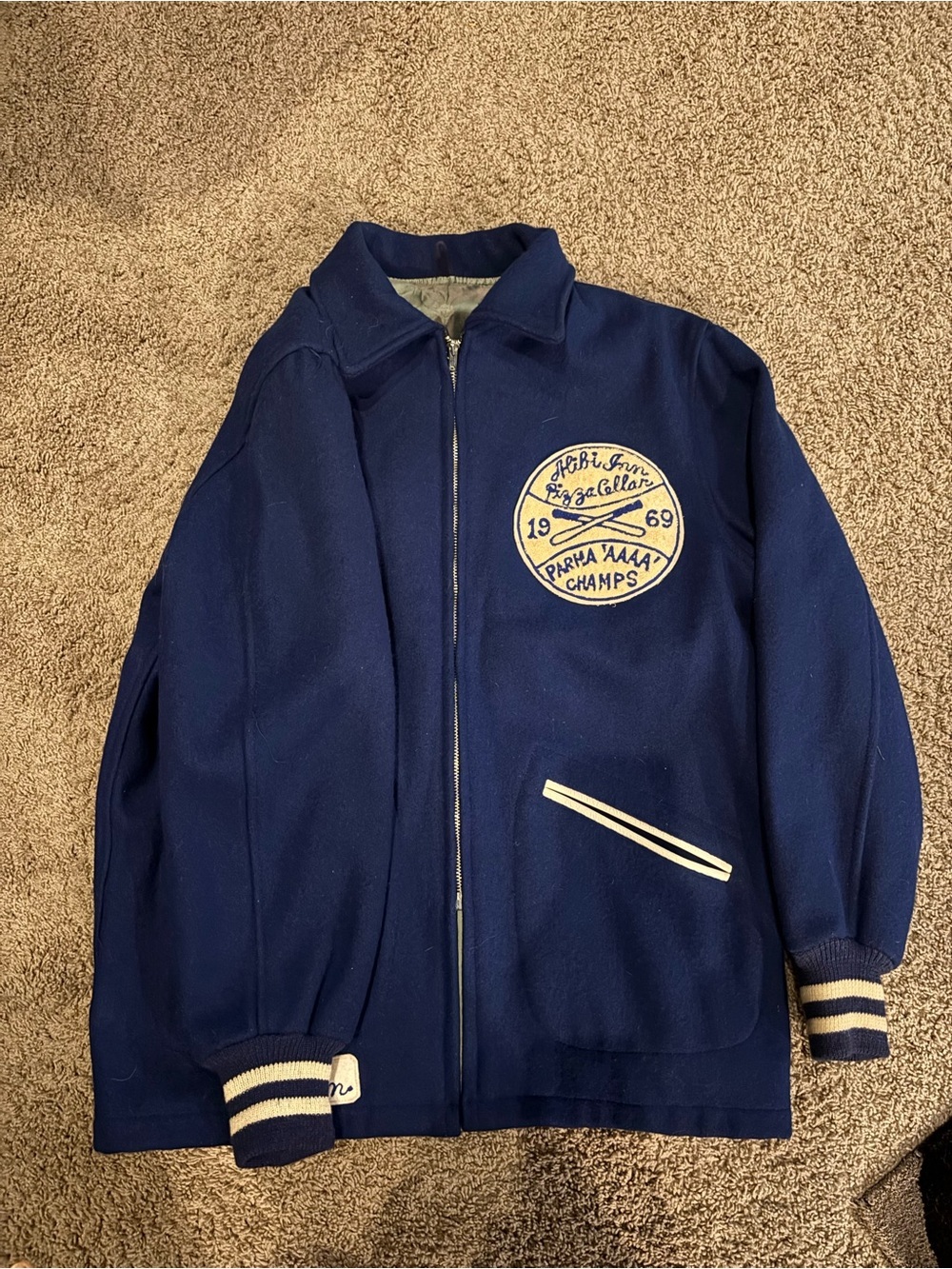 Vintage 1969 High School Letterman Jacket Blue Wool Favorite Knits Size 42